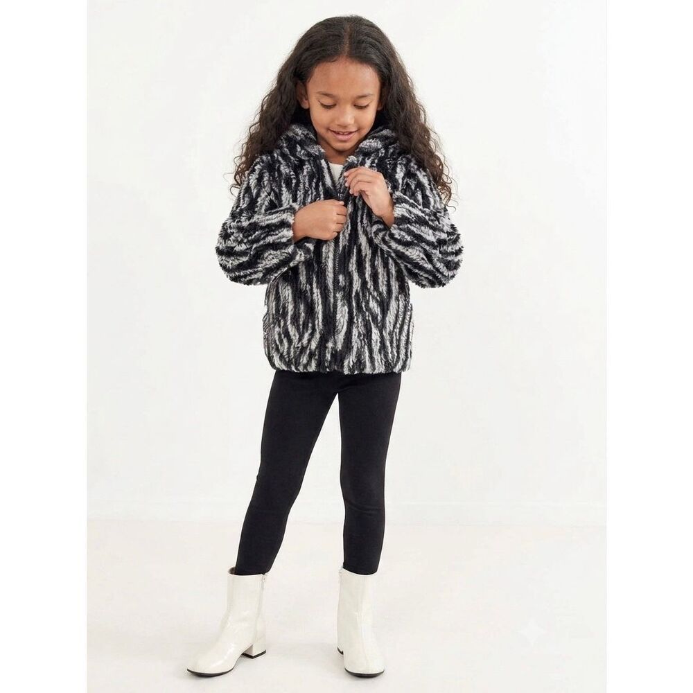 Splendid Striped Faux Fur Jacket Hooded Coat Girls Size 12